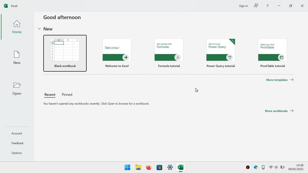 Excel start screen